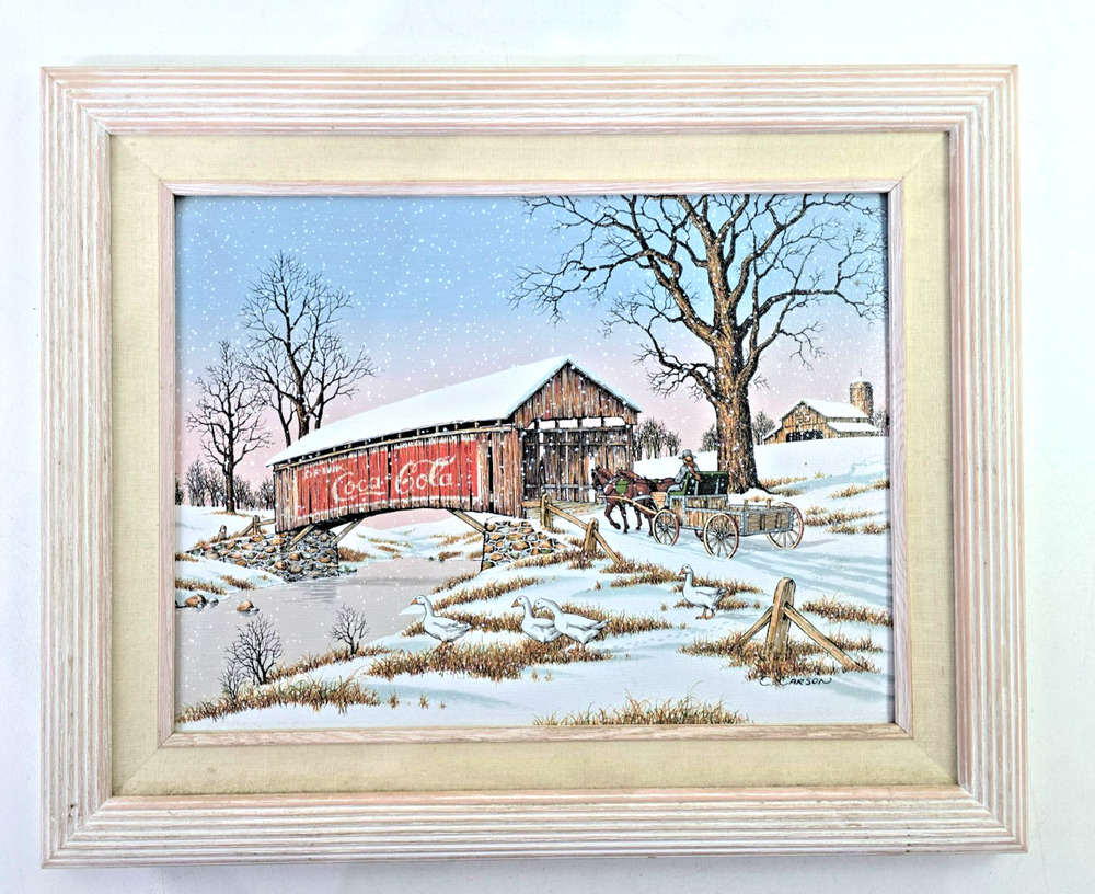 Coca Cola C. Carlson Art Canvas Print Winter Covered Bridge Horse & Buggy
